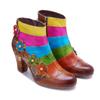 Johnature Genuine Leather Printed Short Boots Fashion Mixed Colors Flower Side Zipper Women's High Heels