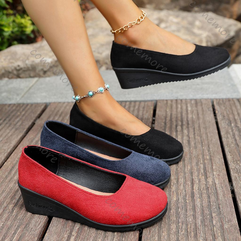 Fashion Comemore Spring Autumn Solid Colour Shallow Mouth Single Shoes for Women Casual Suede Soft Bottom Wedges Heel Women's Shoes