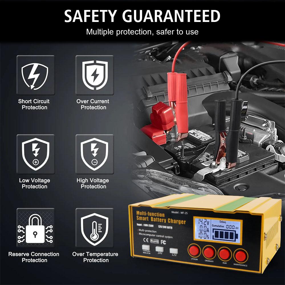 Pulse Repair Battery Charger AGM Car Battery Charger Truck Motorcycle Charger 220W LED Display 12V12A 24V8.5A 110V-250V Input