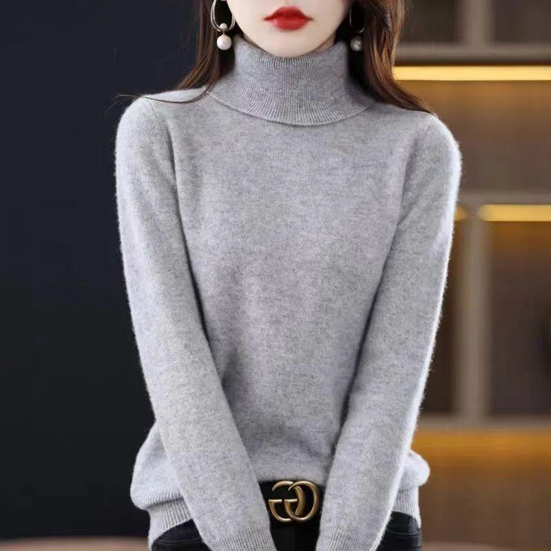 Winter Sweater Long Sleeved Knitted Sweater Solid Color Versatile Temperament Women's Base Shirt