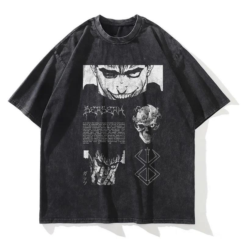 Japan Anime Berserk Graphic Washed TShirt Men Manga Cotton Tshirts Casual Vintage Gothic T Shirt Harajuku Male Street T-shirt