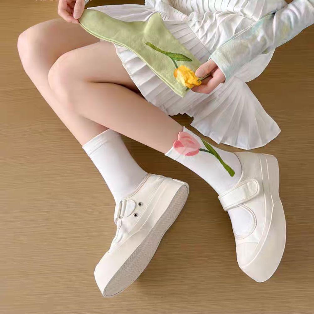 5Pairs Sweet Tulip Flower Socks Thin Socks for Women Soft Mid Tube Socks  Lady