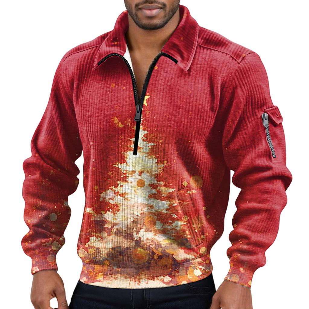 Men's Solid Color Corduroy Zipper Neck Long Sleeve Top Men's Casual Lapel Top