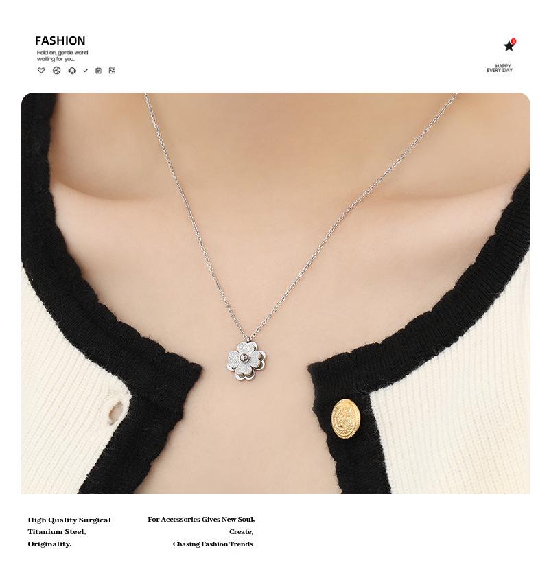 Minimalist Double-Layer Frosted Single-Bead Clover Flower Titanium Steel Necklace for Women