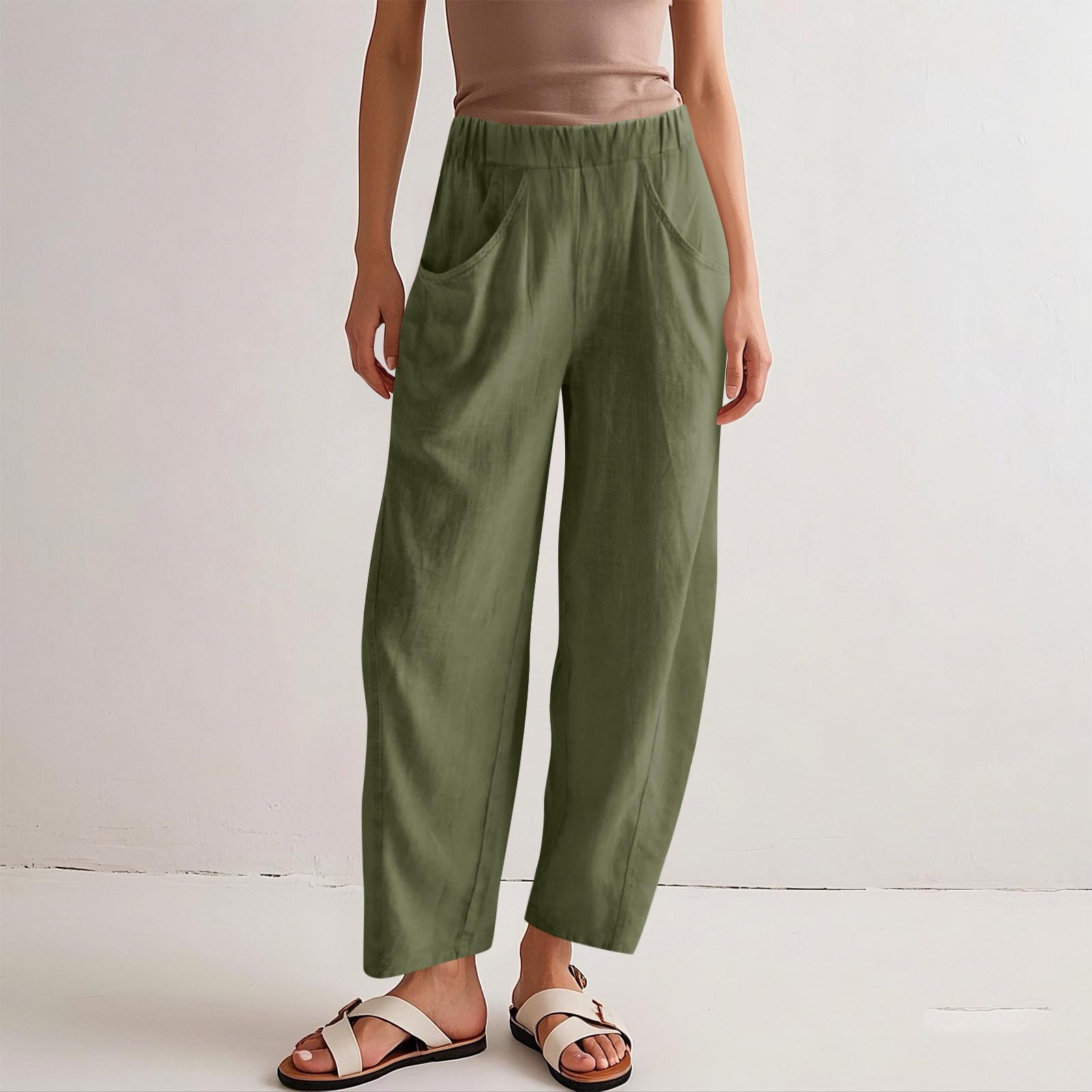 

Женские хлопковые льняные однотонные модные повседневные брюки с эластичной талией и карманами M