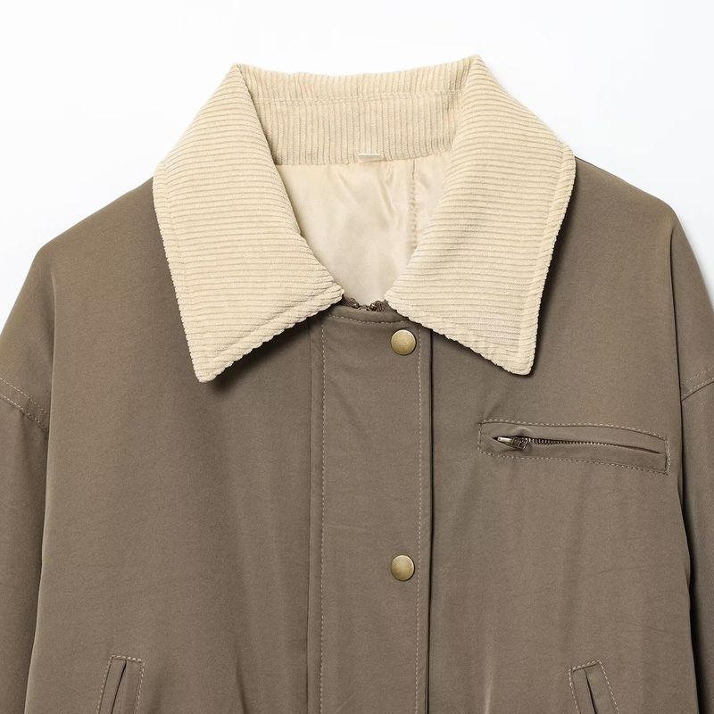 Kaslead New Women Clothes Western Style Fashion Lapel Patchwork Loose Cotton-Padded Coat Outerwear