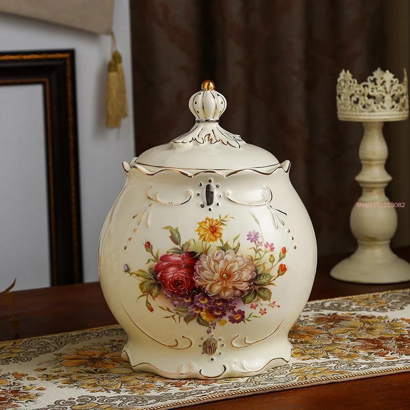 European-style Ceramic Sealed Candy Jar Coarse Grain Storage Cans with Lids Tea Cans Home Kitchen Storage Decoration Kimchi Jar