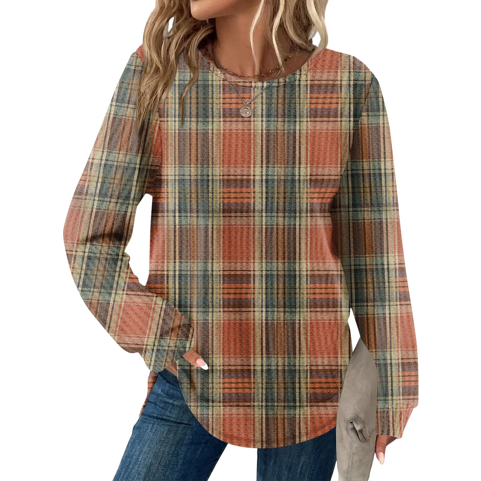 

Женский повседневный топ свободного кроя с круглым вырезом и длинными рукавами в клетку XXL