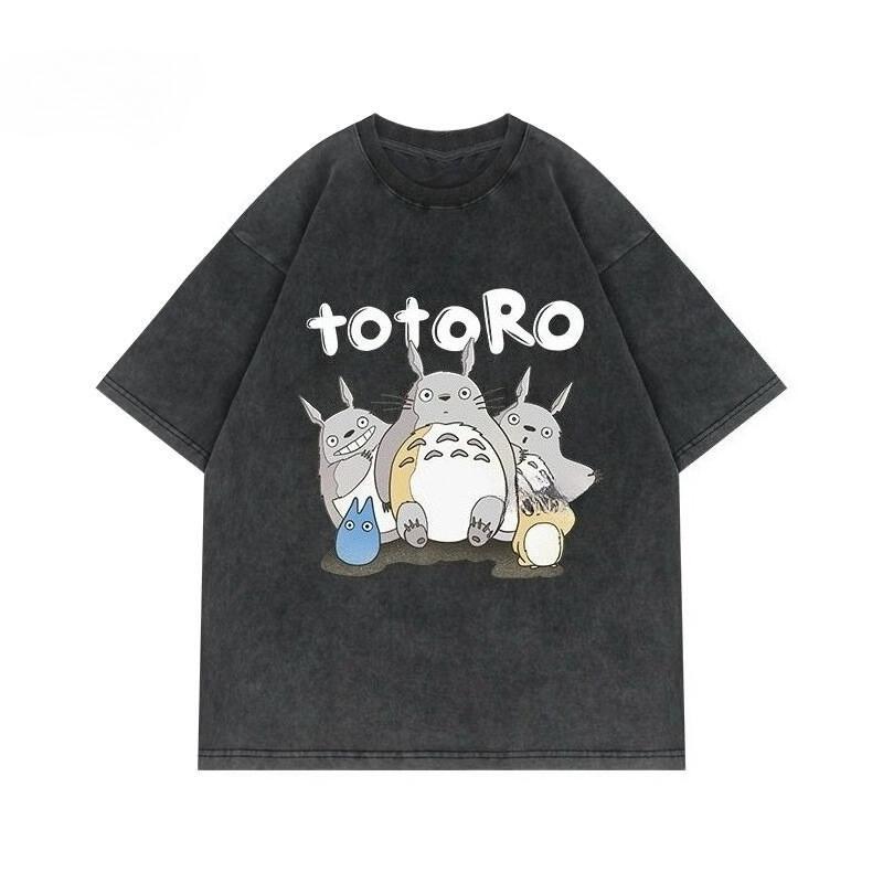 Animation Movie Totoro with Miyazaki Hayao Grass Wall Mei Around The Retro Wash Short-sleeved T-shirt Lovers Shirt
