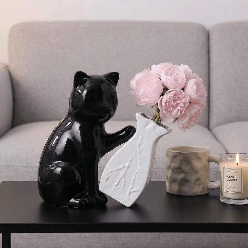 Creative Black Ceramic Cat Vase Countertop Decoration Fresh Flower Hydroponic Vase Abstract Cat Dining Table Living Room Decor