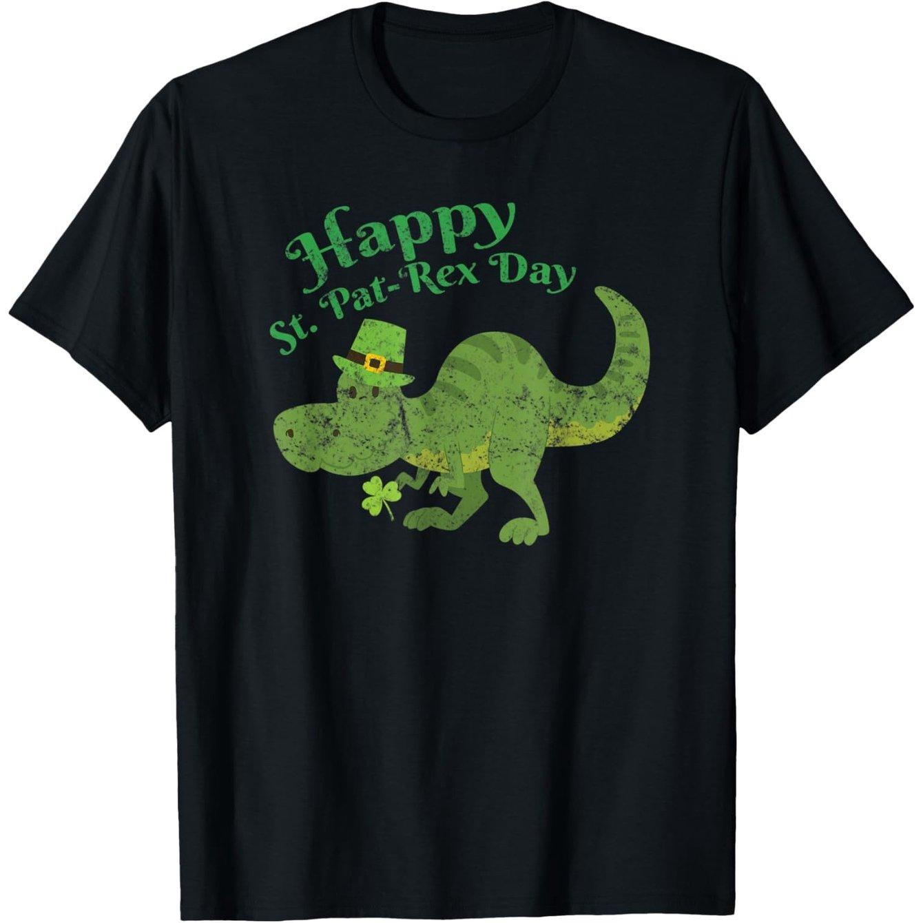 Happy St Pat Rex Day Dinosaur Graphic Tee Men s Casual Crewneck T-Shirt Lightweight Breathable 4XL