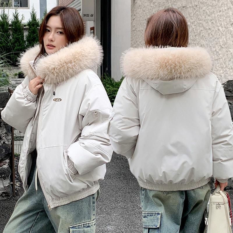 Padded clothes short hooded padded clothes jacket padded jacket thickened bread clothes big fur collar sports women's clothing