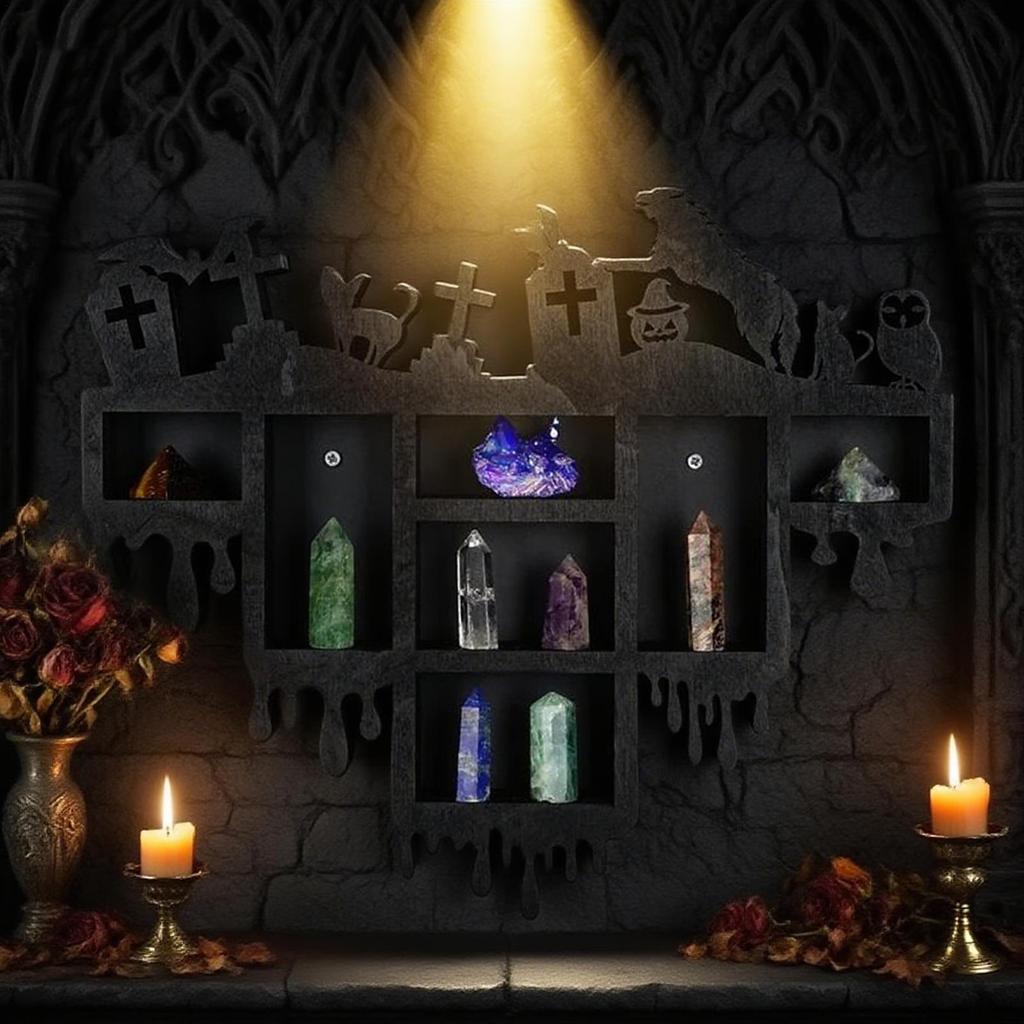 Crystal Shelf Display for Wall Gothic Wall-Mounted Gem Stone Storage Holder Multifunctional Wooden Floating Organizer Shelves