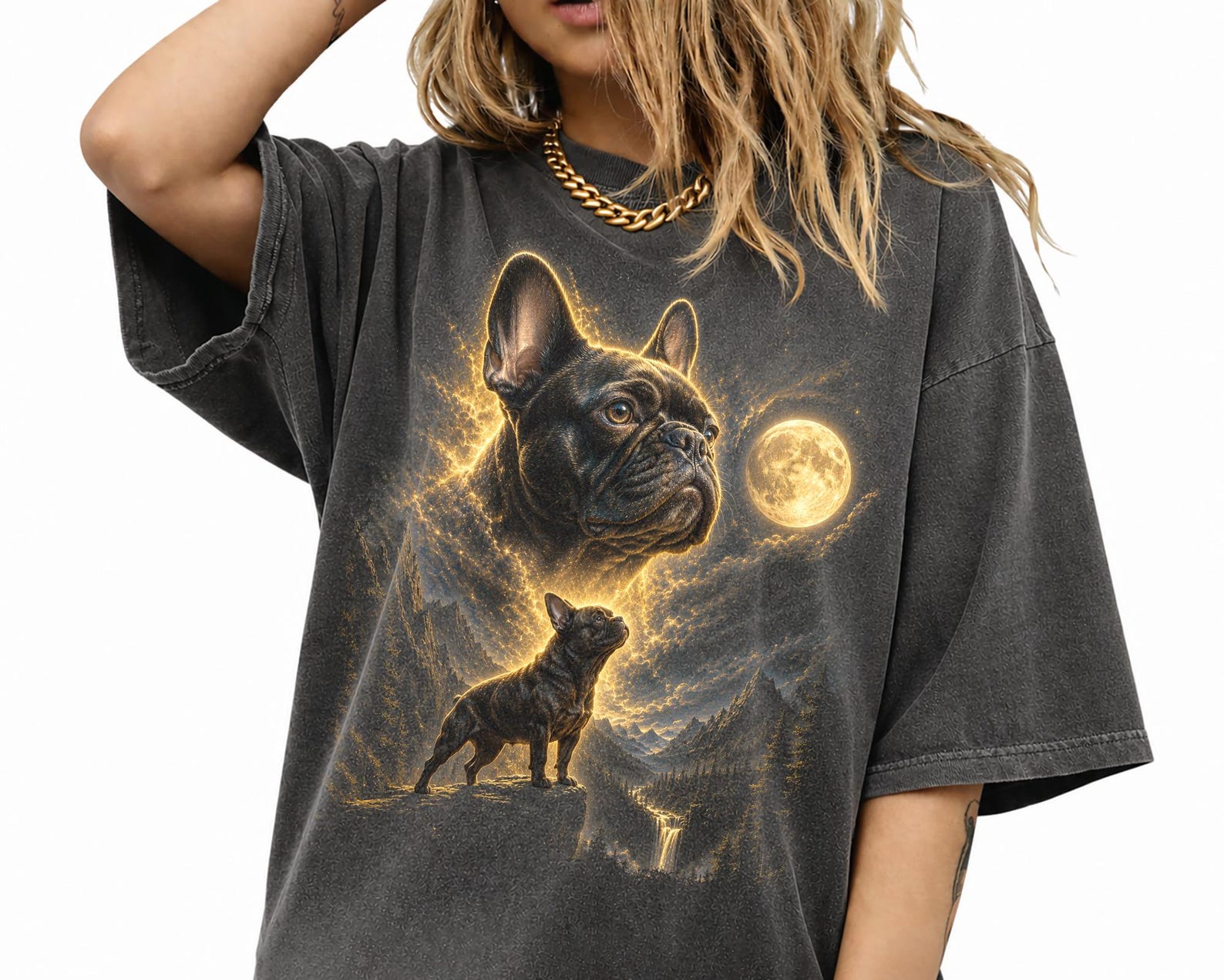 French Bulldog Howling Moon Retro Graphic T-Shirt, 90s Full Moon Dog Tee 3XL