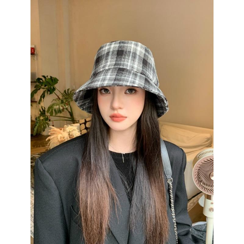 Women S Plaid Bucket Hat Double Sided Foldable Sun Protection Large Head Size Korean Style