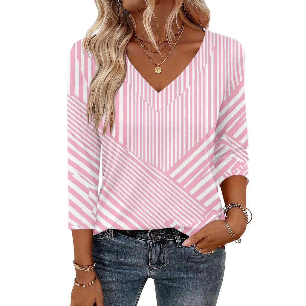 Damskie bluzki z rękawem 3/4, koszulki z dekoltem V, casualowe bluzki, podstawowe t-shirty