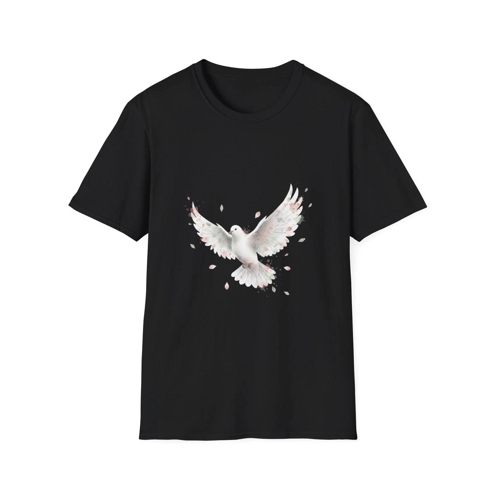 

Dove Watercolor Floral Delicate Black Tee Nature Peace Graphic T-Shirt 3XL
