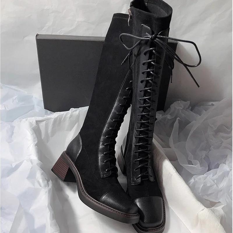 Women's Knee-high Boots High Quality Suede Leather Boot Lace Up Slim Long Tube Boots Knee-high Chelsea Boot Women Fashion Boots