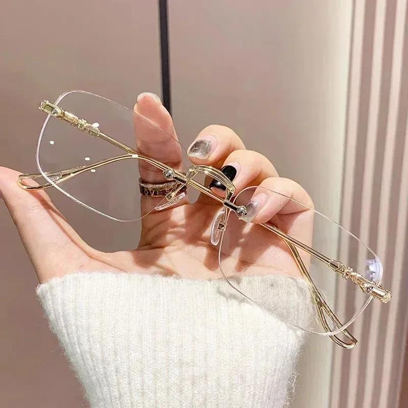 Retro Square Frameless Eyeglasses for Women Girls Lightweight Anti Blue Light Glasses Gold Color Glasses Fashion Accessories