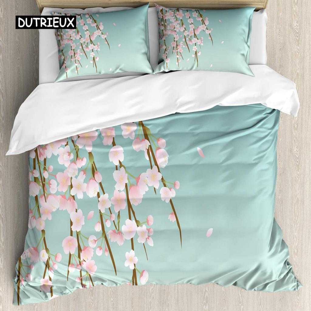 Japanese Duvet Cover Set Simplistic Cherry Blossom Tree Botanic Themed Pattern Fresh Organic Lines Bedding Set for Kids Girls