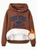 European/American Style Fleece-Lined Hoodie with New York Print and Kangaroo Pocket for Women - Autumn/Winter