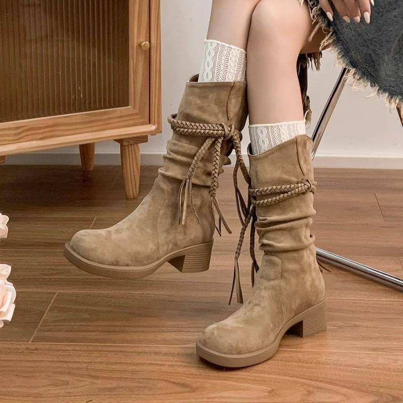 Thick-soled thick-heeled retro wasteland knight boots women's autumn, autumn and winter western cowboy long tube single boot medium tube short boots