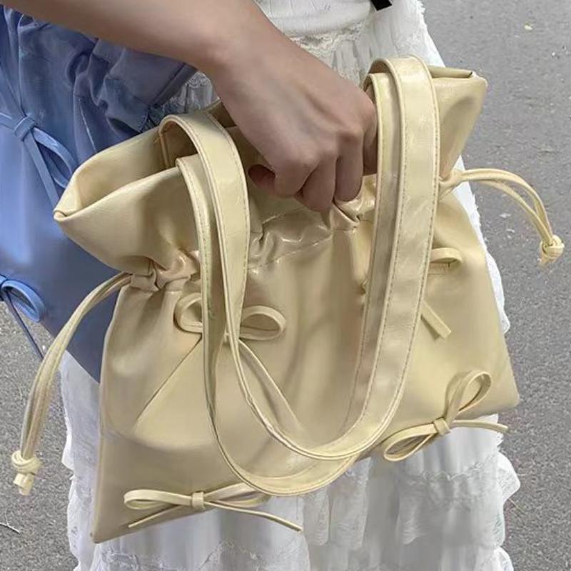 Korean Niche Designer Style Pleated Drawstring Bucket Bag Tote Bag Sweet Bowknot Handheld Underarm Shoulder Bag