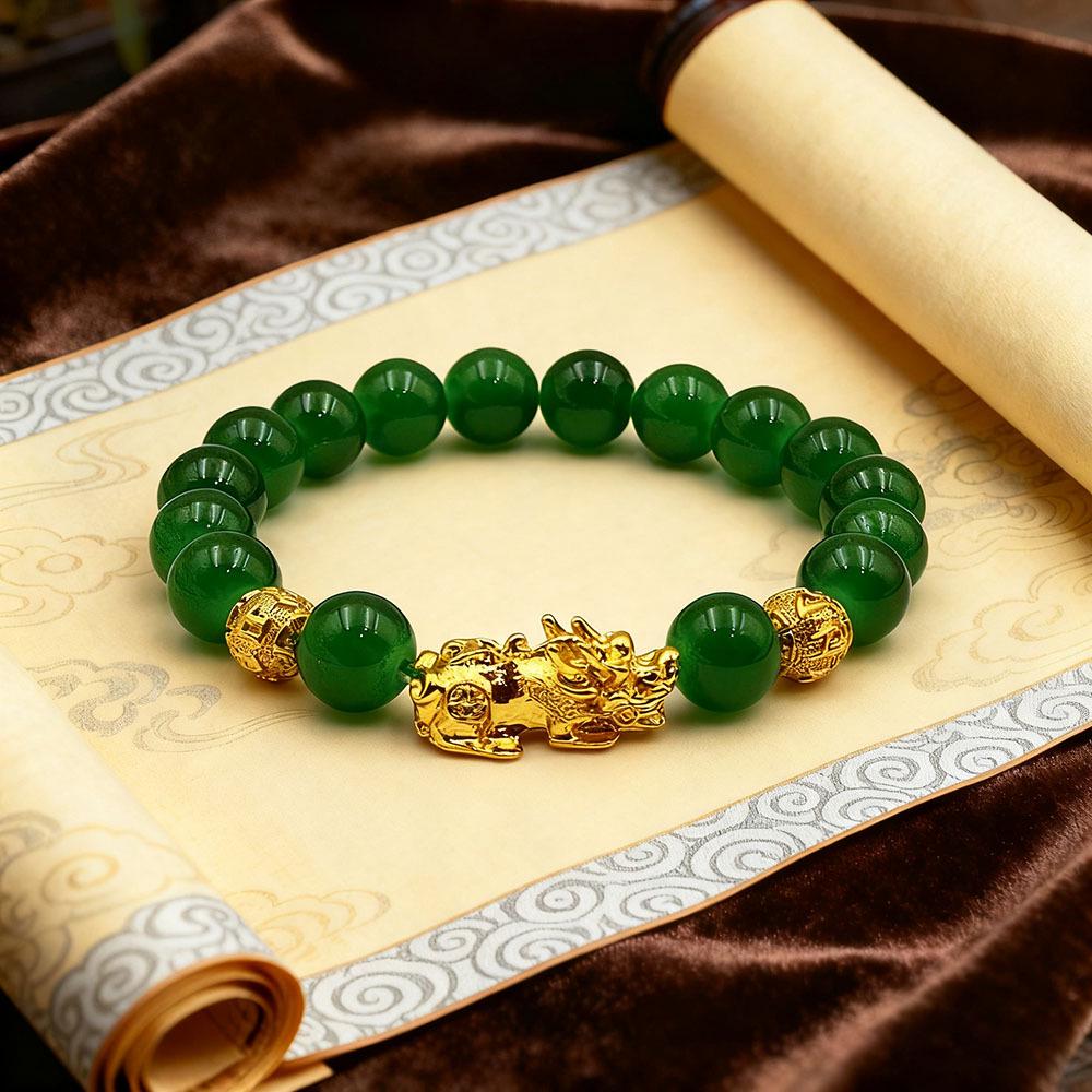 10mm Imitation Jade Pixiu Couple Bracelet with RuYi Beads for Wealth and Luxury