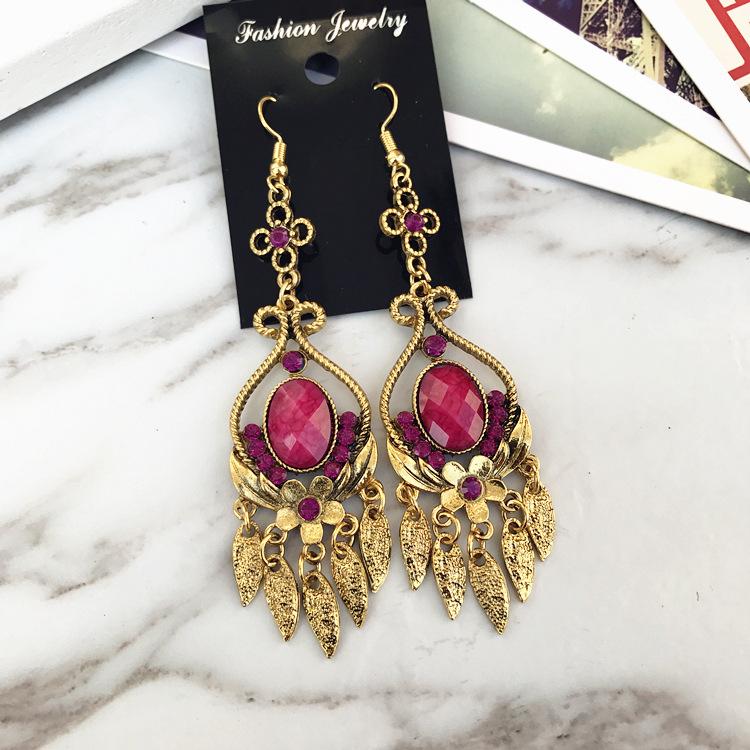Vintage court gem set earrings long temperament bohemian earrings niche earrings women