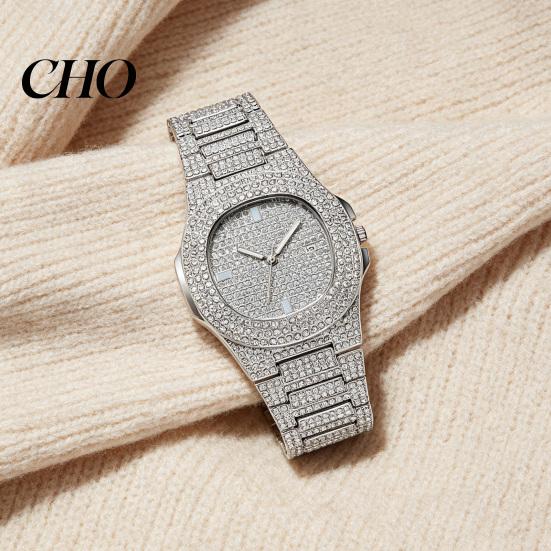 Eye-catching Wristwatch Quartz Watch with Full Diamond Bezel And Dial High Accuracy Sparkling Trendy Hip-Hop Style for Daily Party Fashion Statement