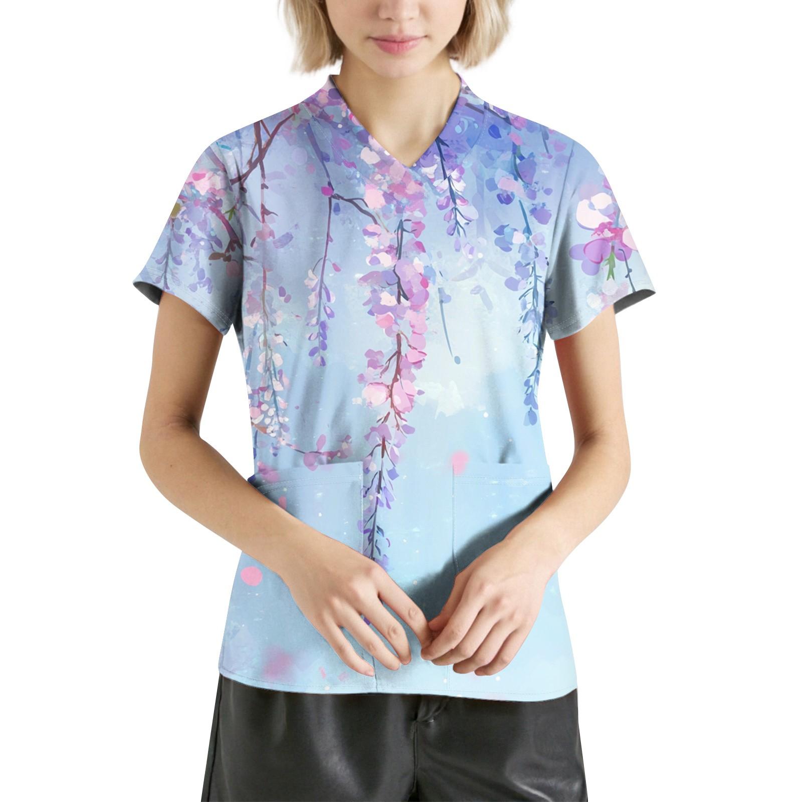 

Женская мода с v-образным вырезом, короткими рукавами и карманами, топы с принтом XXXXL фиолетовый