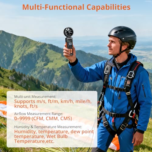 Anemômetro/Medidor de Vazão Proster com 6 Unidades de Medição: Velocidade do Vento, Volume, Força, Temperatura, Umidade, Ponto de Orvalho e Temperatura de Bulbo Úmido; CMM, CF