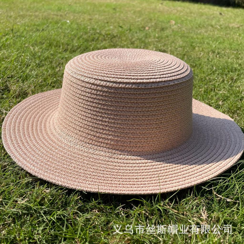 Sommerliche Damen, Erwachsenen-Strohhut, leichter Hutrohling mit flacher Kappe und Krempe, Strandurlaub, Sonnenschutz