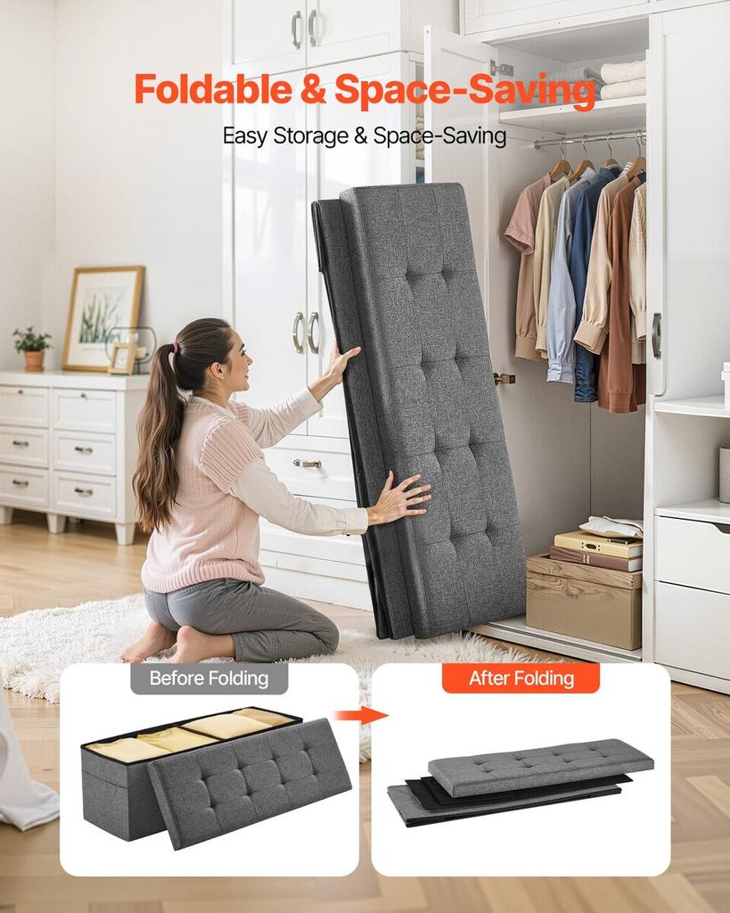 Foldable Storage Ottoman Bench, End of Bed Bench with Side Bags, Folding Upholstered Storage Chest Supports 660 Lbs, Linen Bed Ottoman with Large