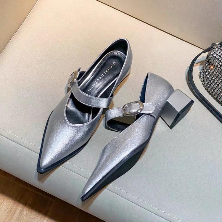 Elegant Designer Vintage Silvery Pointed Toe Women Mary Jane Shoes Fashion Shallow Casual Low Heel Dress Shoes Zapatos Mujer