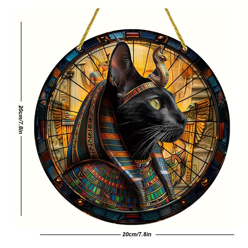 Cattura Sole Gatto Nero Egiziano in Legno, Segno Decorativo Rotondo in Legno, Stanza, Decorazione Casa, Targhetta Multiuso a Tema Animale per Porta, Parete, Casa, Stanza