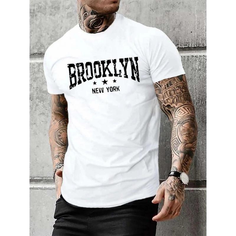 Men's 100% pure cotton summer casual loose Brooklyn New York letter printed comfortable round neck short sleeved T-shirt top