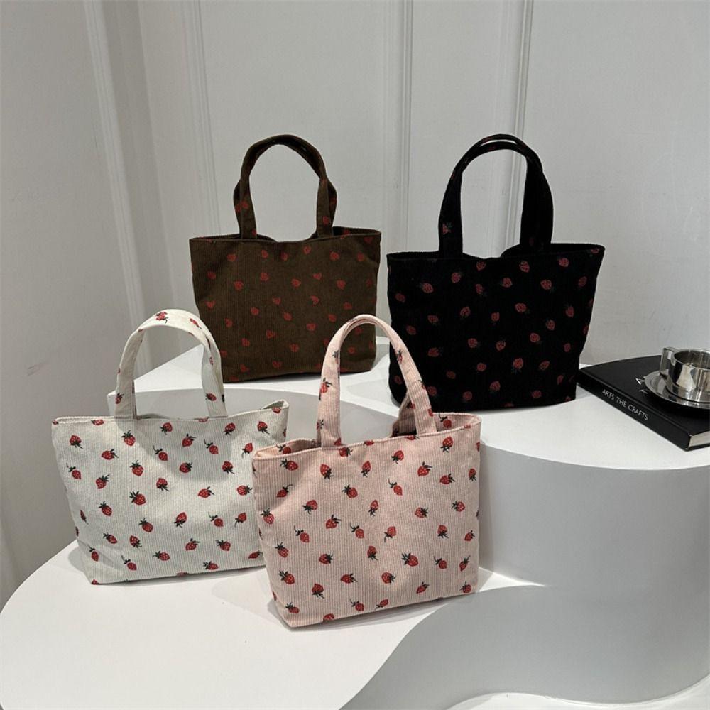 Strawberry Print Shoulder Bag For Women New Fashion Corduroy Large Capacity Shopping Bag Solid Color Handbag Tote Bag