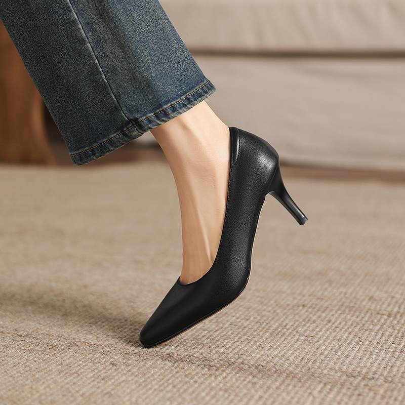 

Krazing Pot Cow Skin Round Toe Stiletto High Heels Summer Shoes Big Size 42 Street Wear Party Women Shallow Pumps 34 чёрный