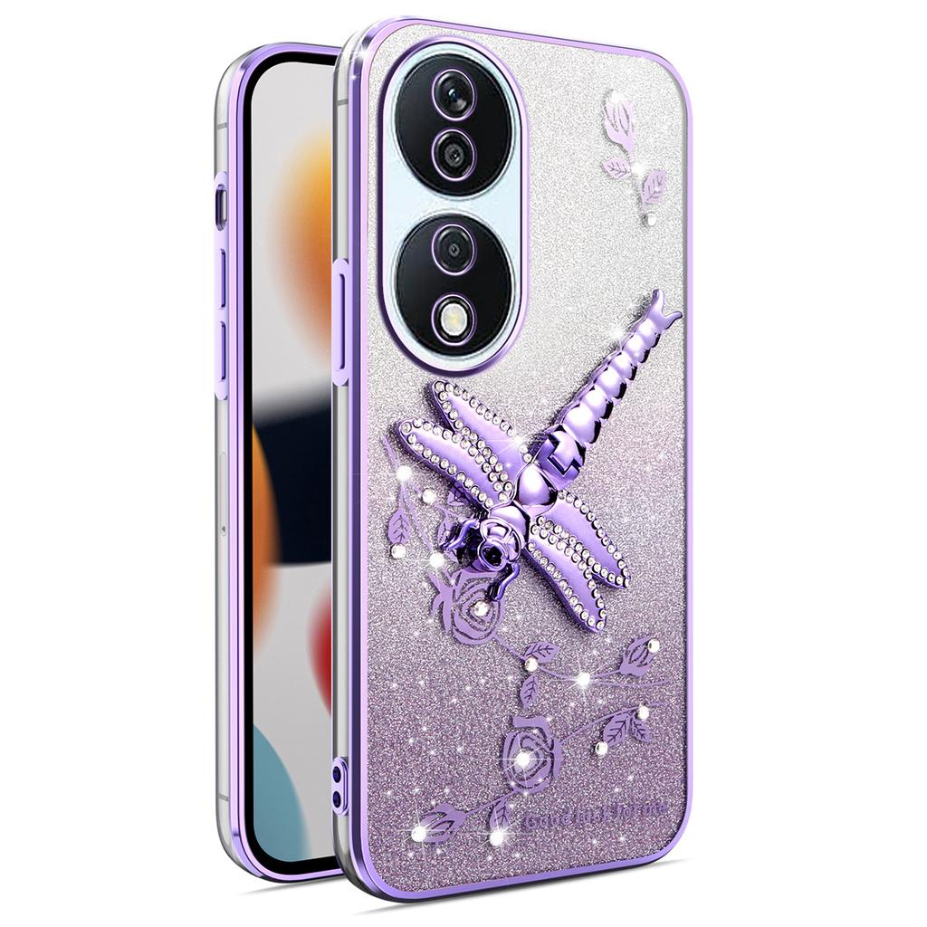 KADEM For Honor X7b 4G/90 Smart Case Dragonfly Kickstand TPU Flowers Glitter Phone Cover