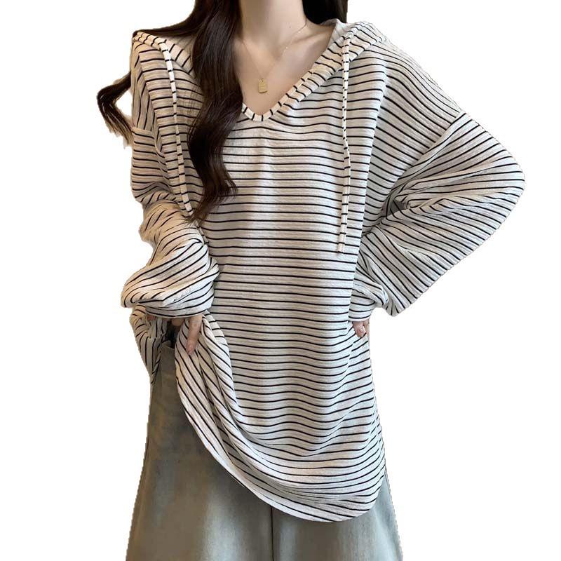 Plus Size Korean Striped Hooded Long Sleeve Slimming T-shirt: Women's 2025 Autumn Mid-length Top