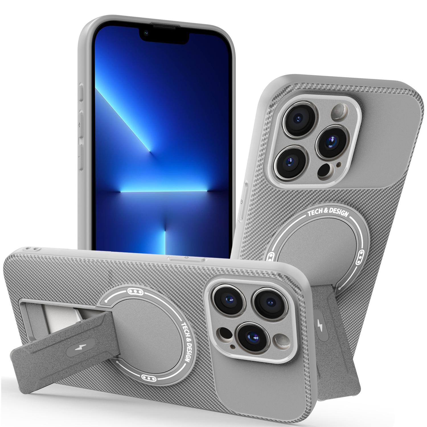 

For iPhone 13 Pro Case with Kickstand Carbon Fiber Texture PC+TPU Phone Cover Grey