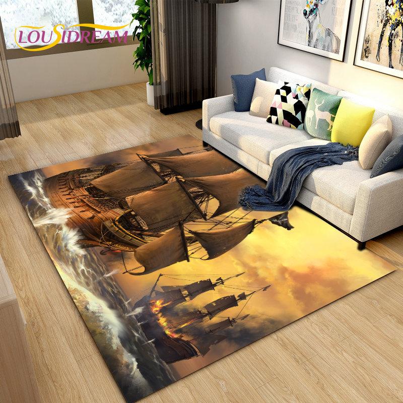 Sea Monster, Boat Ship Barque Area Rug Large,Carpets Rug for Living Bedroom Sofa Doormat Decoration,Kids Play Floor Mat