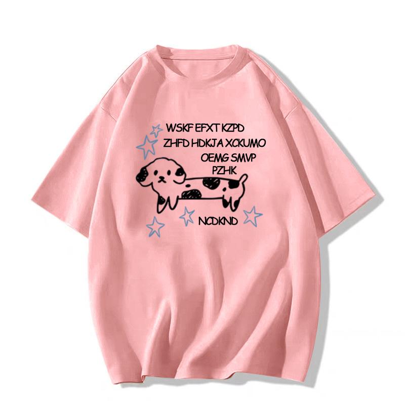 

Женская 2025 Новая Летняя Горячая Модель Тяжелый Чистый Хлопок Белая Прямое Плечо Короткий Рукав Свободная Футболка L розовый