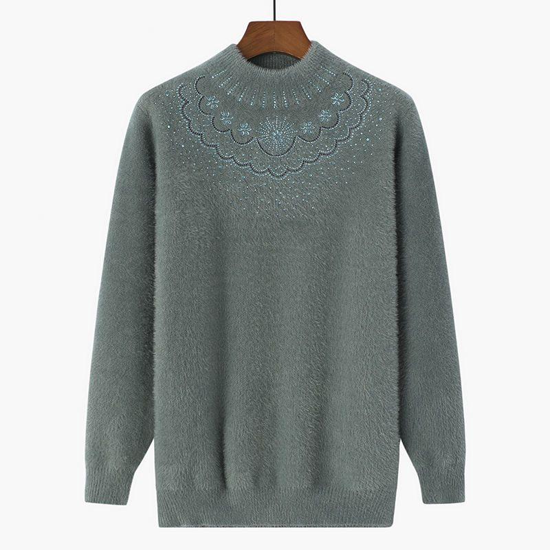 Fashionable Fleece-Lined Grandma's Knit Sweater: Half-High Collar, Imitation Mink Hair, Plus Size