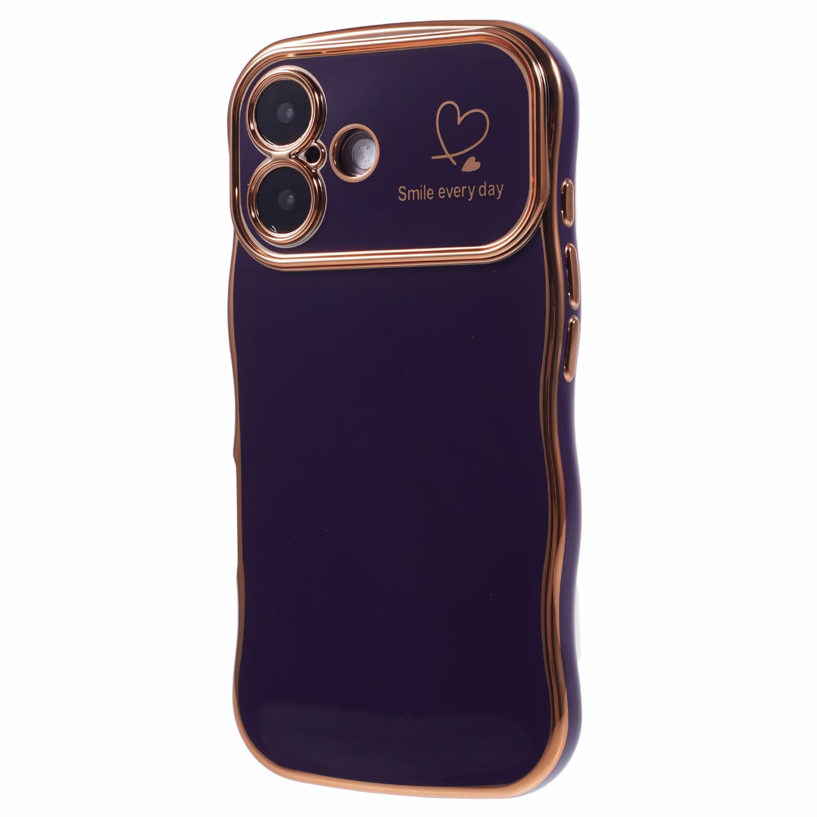 

For iPhone 16 Plus Case Love Hearts TPU Phone Cover Curly Wave Frame Large Window Dark Purple