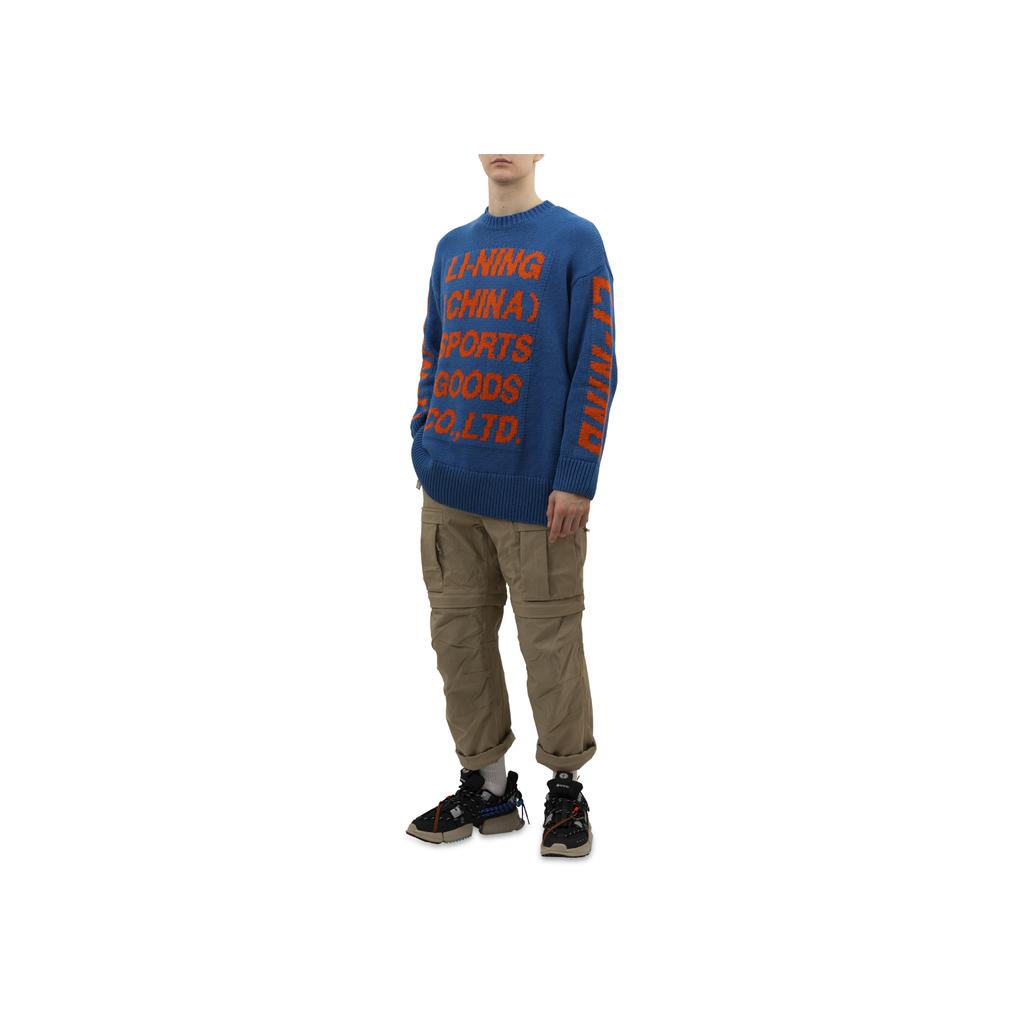 Li Ning Color Block Markenlogo Buchstaben-Print Rundhals Langarm Pullover Herrenpullover Blau AMBQ026-2