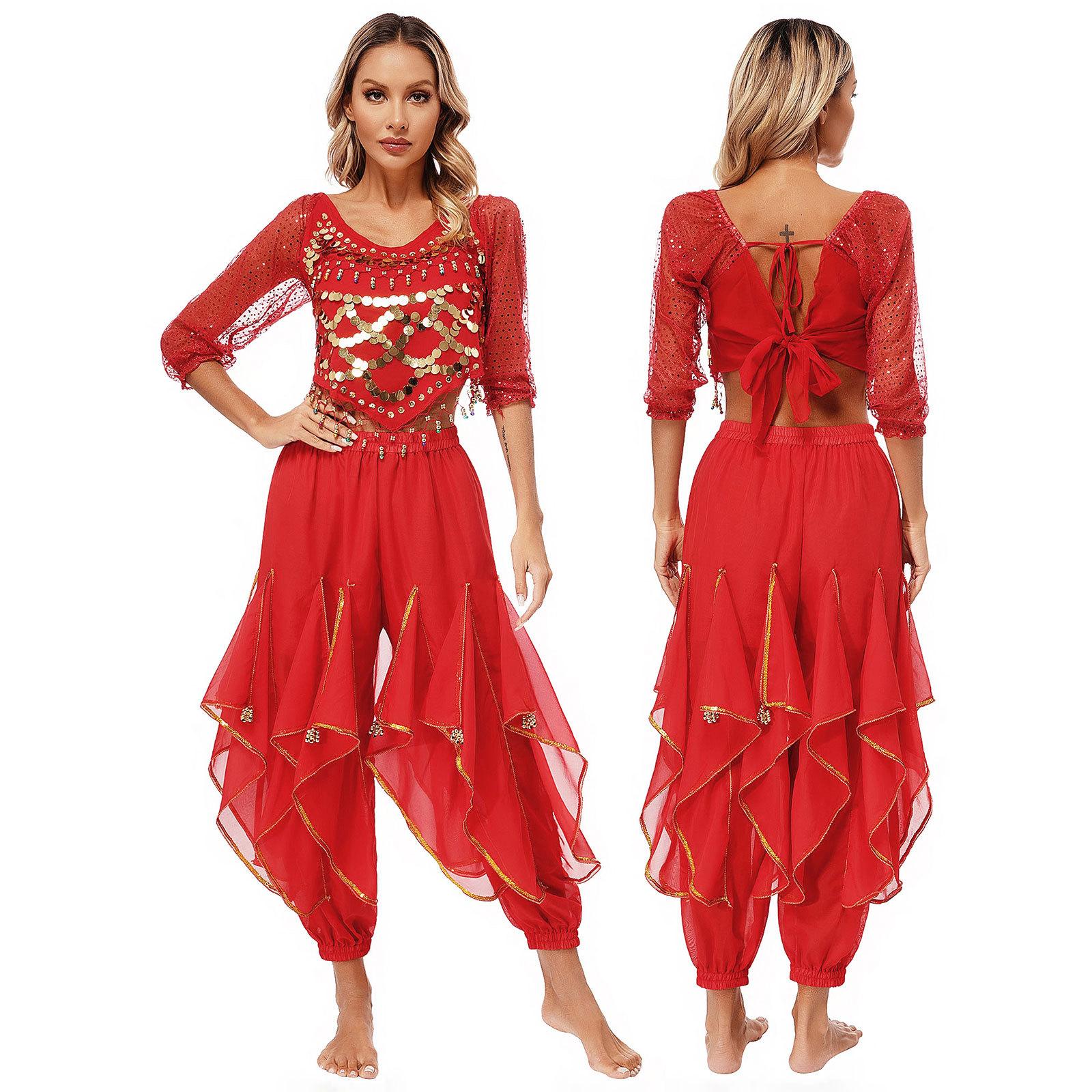 

Жіночий набір для танцю живота Індійський Боллівуд Арабська принцеса Танцювальний одяг Одяг Фестиваль Косплей Маскарад Вечірка Сценічний виступ червоний