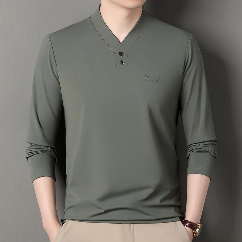 Luxury Brand Quality Men'S V-Neck T-Shirt Autumn Fashion Solid Color Print Long Sleeve Comfortable Casual Versatile Menswear Top