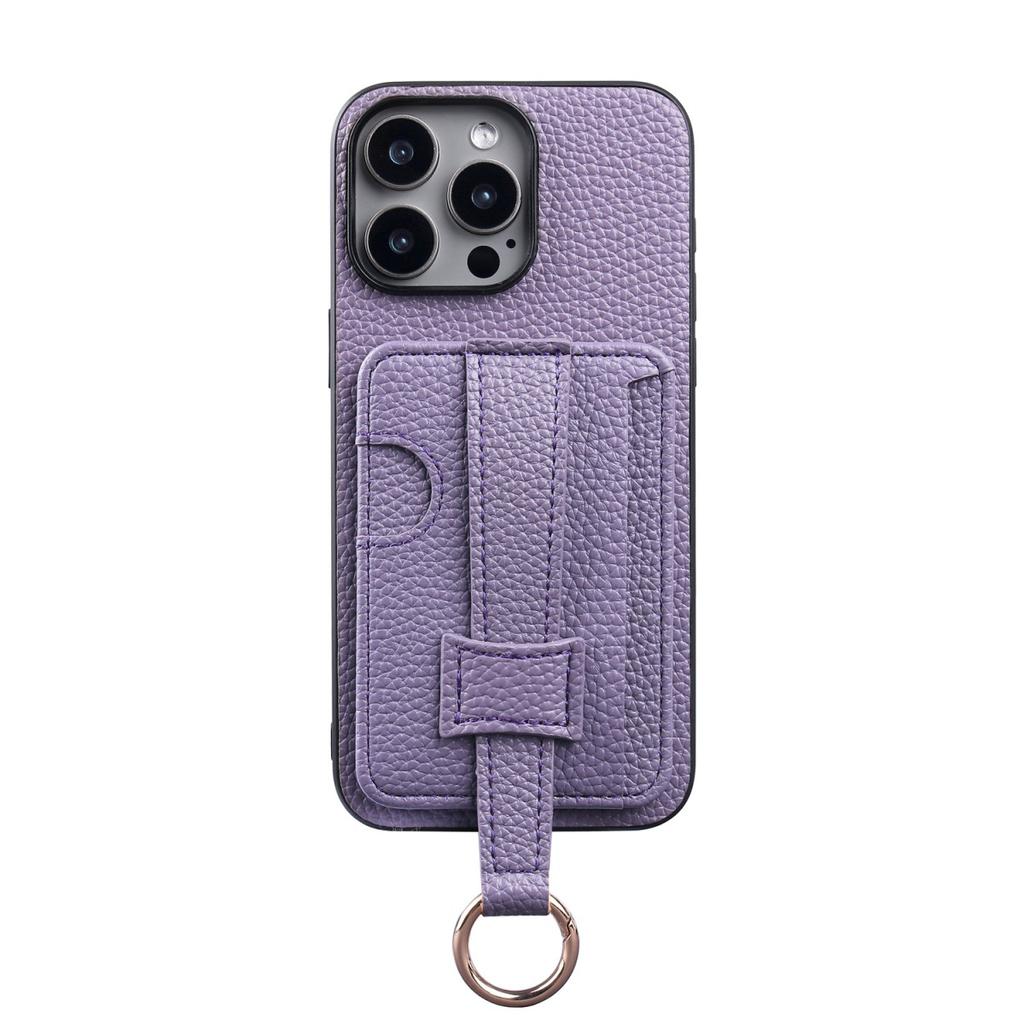 High End TPU+PU Leather Purple Case for iPhone 11 13 12 14 15 16e Pro Max Fashion Wrist Strap Ring Grip Card Holder Wallet Sleev